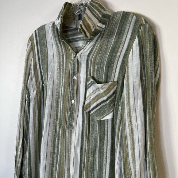Nanette Lenore lightweight Sheer High Low Blouse Green Vertical Stripes - Picture 2 of 9
